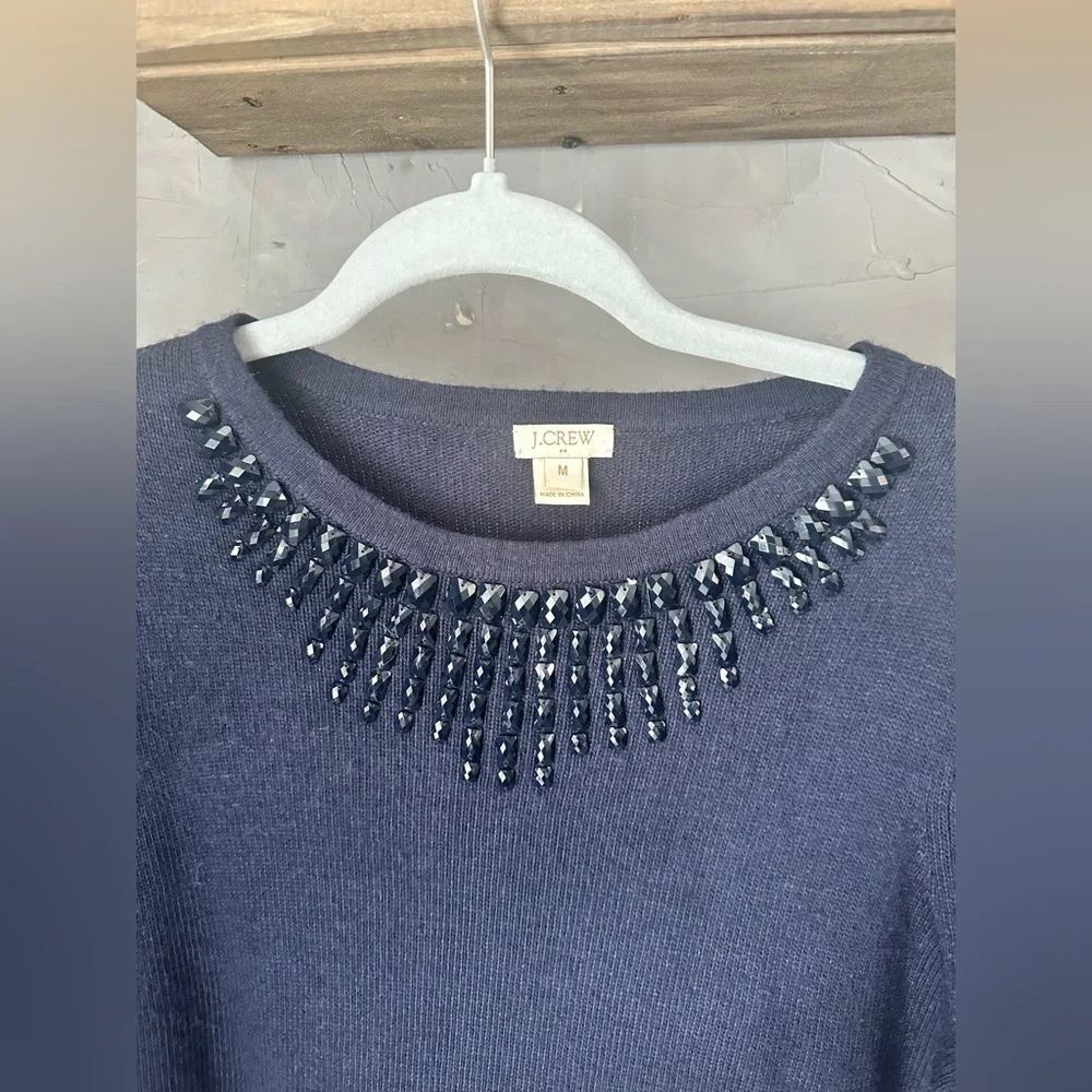 J. Crew Dark Blue Starburst Beaded Collar Wool‎ Sweater size M